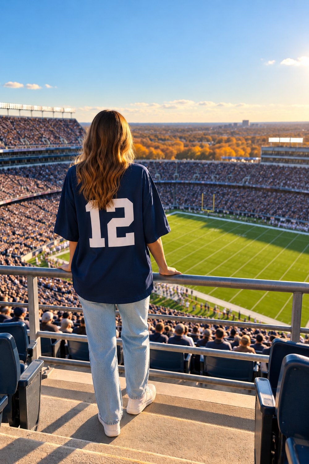 Woman in the upper stands of a football stadium wearing an oversized navy jersey, light-wash jeans and white sneakers