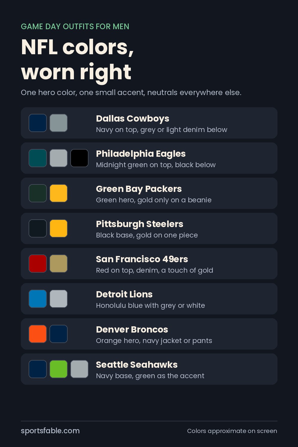 Graphic of NFL team color swatches with outfit tips for the Cowboys, Eagles, Packers, Steelers, 49ers, Lions, Broncos and Seahawks