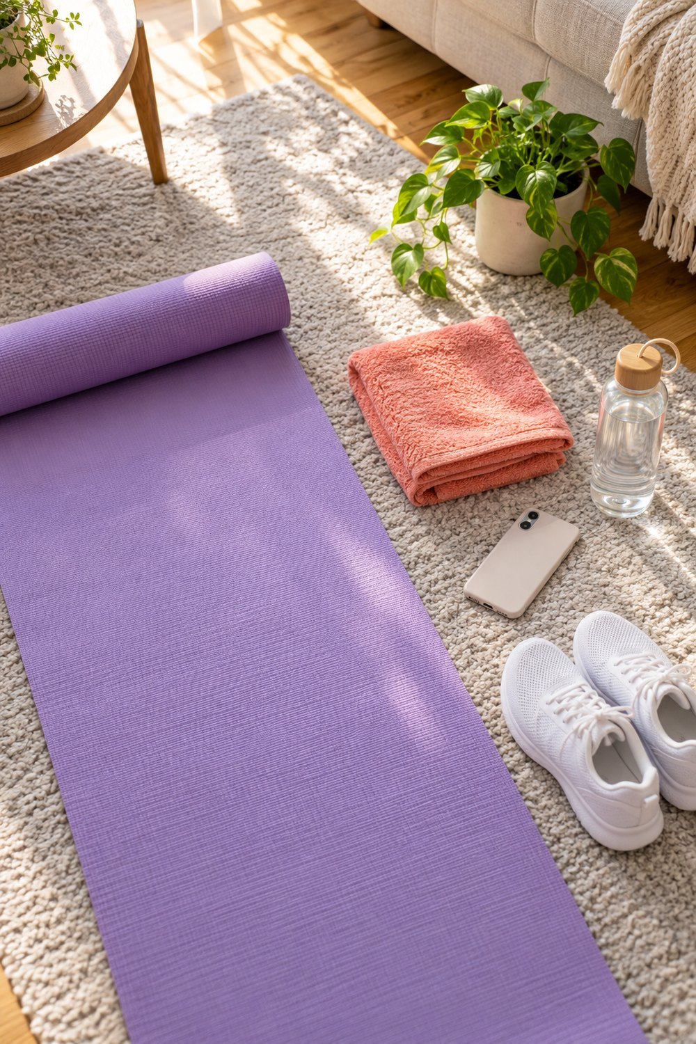 Purple yoga mat, coral towel, water bottle, phone and white sneakers laid out on a living room rug