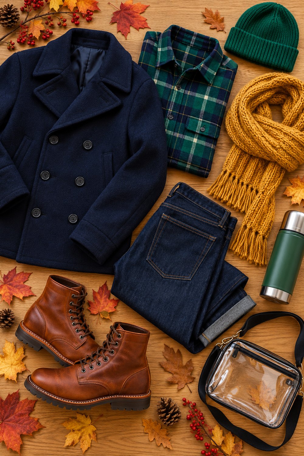 Flat lay of a Notre Dame game day outfit: navy peacoat, green plaid flannel, dark jeans, gold scarf, green beanie, leather boots and a clear stadium bag