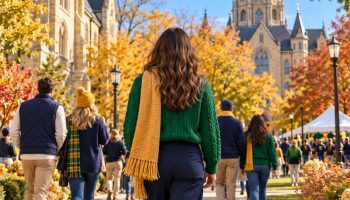 Notre Dame game day outfit seen from behind: kelly green sweater, navy wide-leg trousers, white sneakers and a gold scarf on an autumn campus path