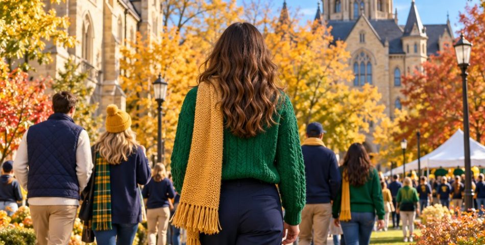 Notre Dame game day outfit seen from behind: kelly green sweater, navy wide-leg trousers, white sneakers and a gold scarf on an autumn campus path
