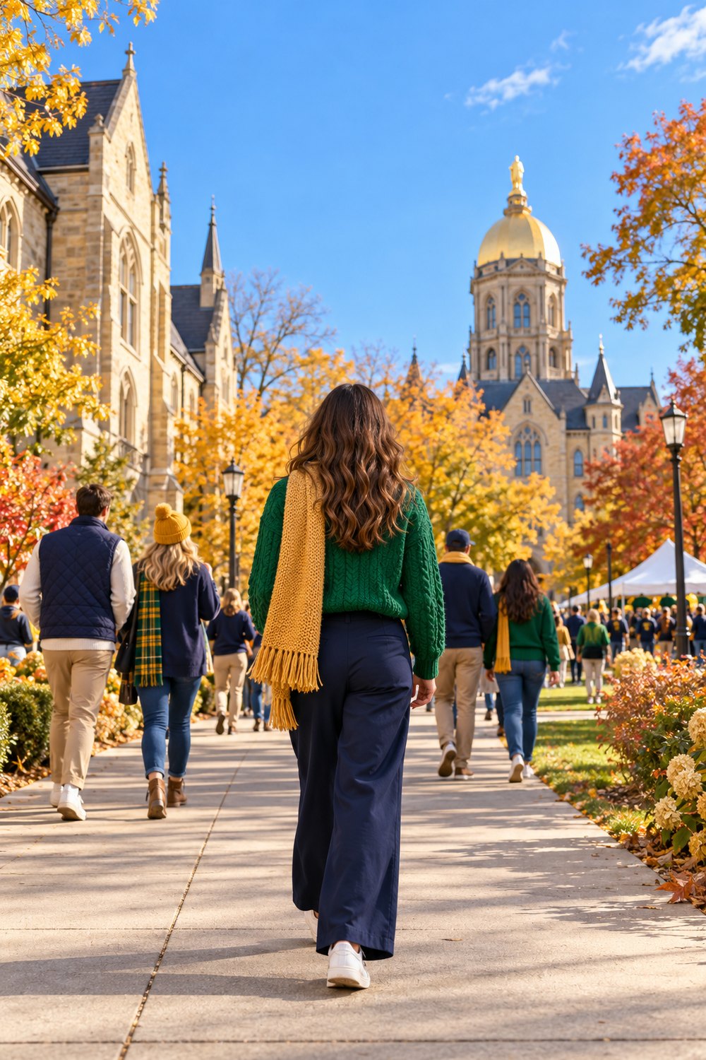 Notre Dame game day outfit seen from behind: kelly green sweater, navy wide-leg trousers, white sneakers and a gold scarf on an autumn campus path