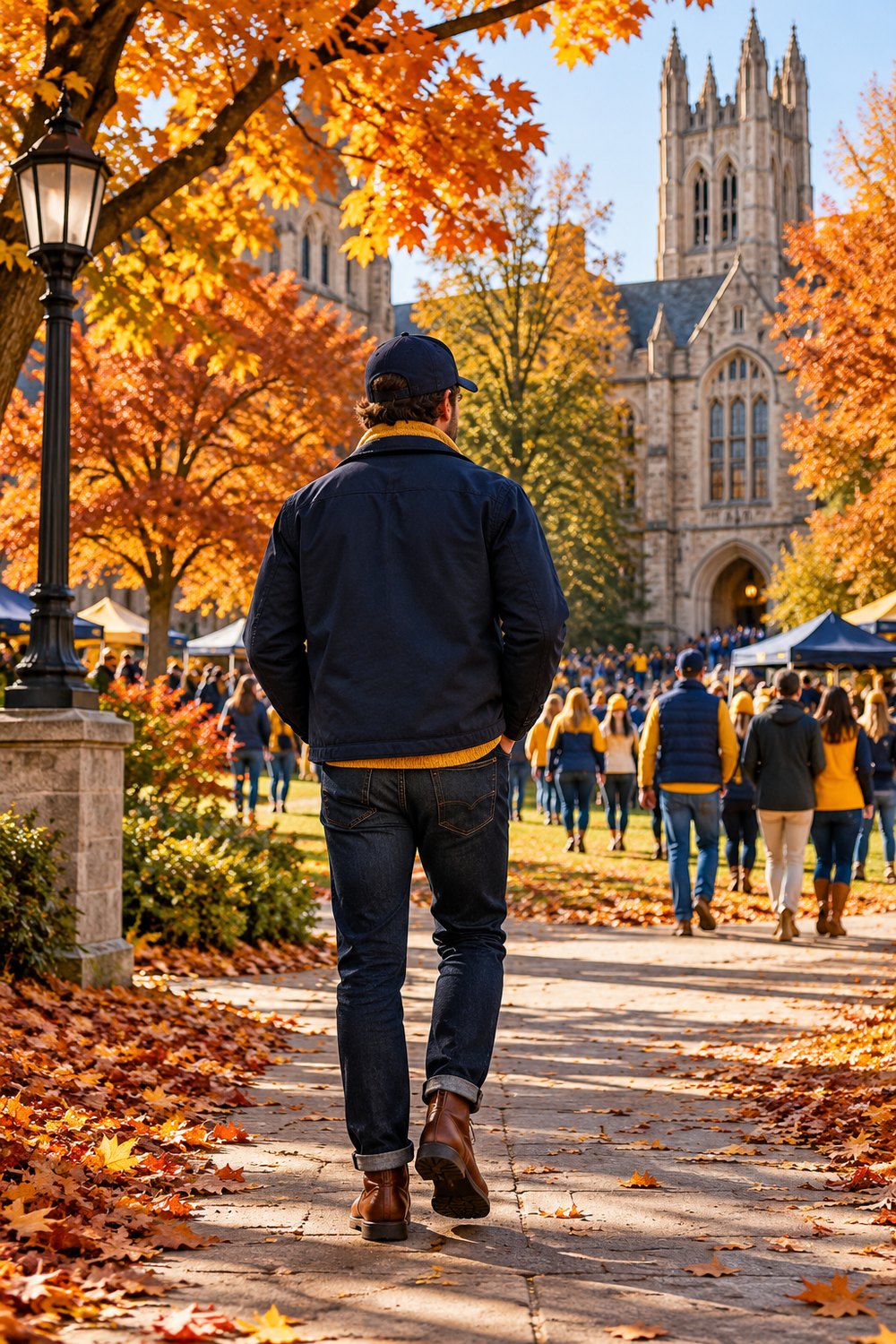 Men's Notre Dame game day outfit seen from behind: gold quarter-zip under a navy chore jacket, dark jeans, brown boots and navy cap on campus