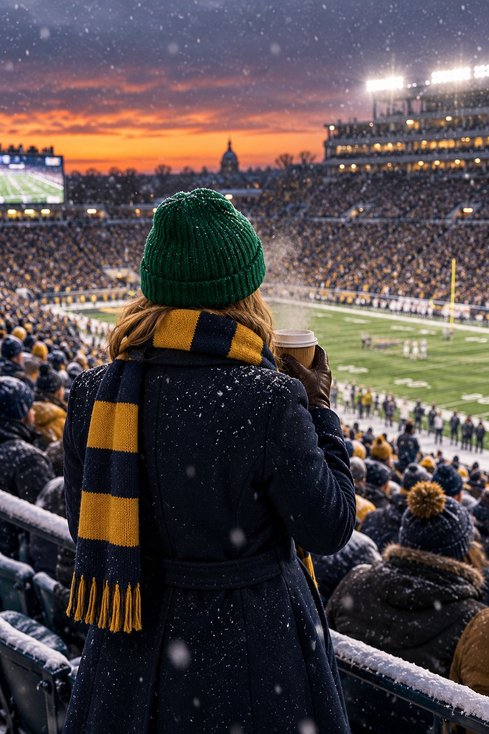 November Notre Dame game outfit seen from behind: long navy wool coat, green beanie and gold and navy striped scarf in the stadium at dusk