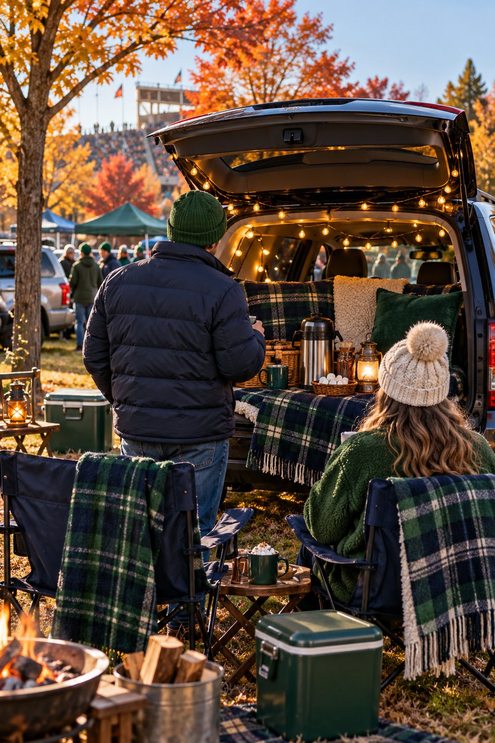 Cozy Notre Dame tailgate outfits seen from behind: navy puffer and green fleece beside an SUV with plaid blankets and string lights