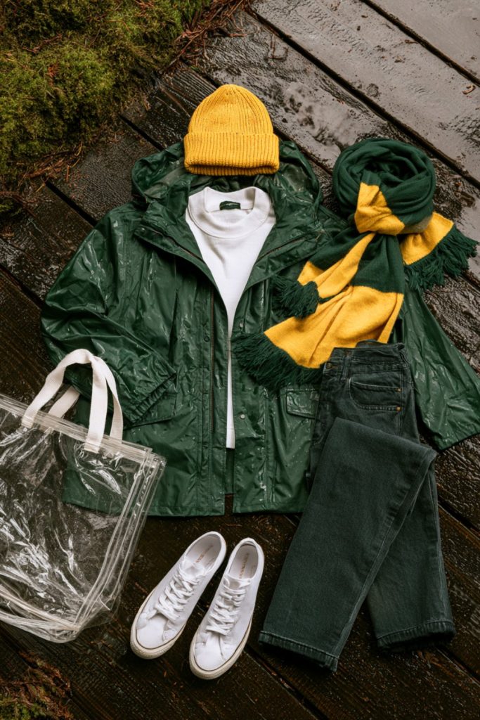 Flat lay of a green rain jacket, yellow beanie, white thermal and a green and yellow scarf on wet wood