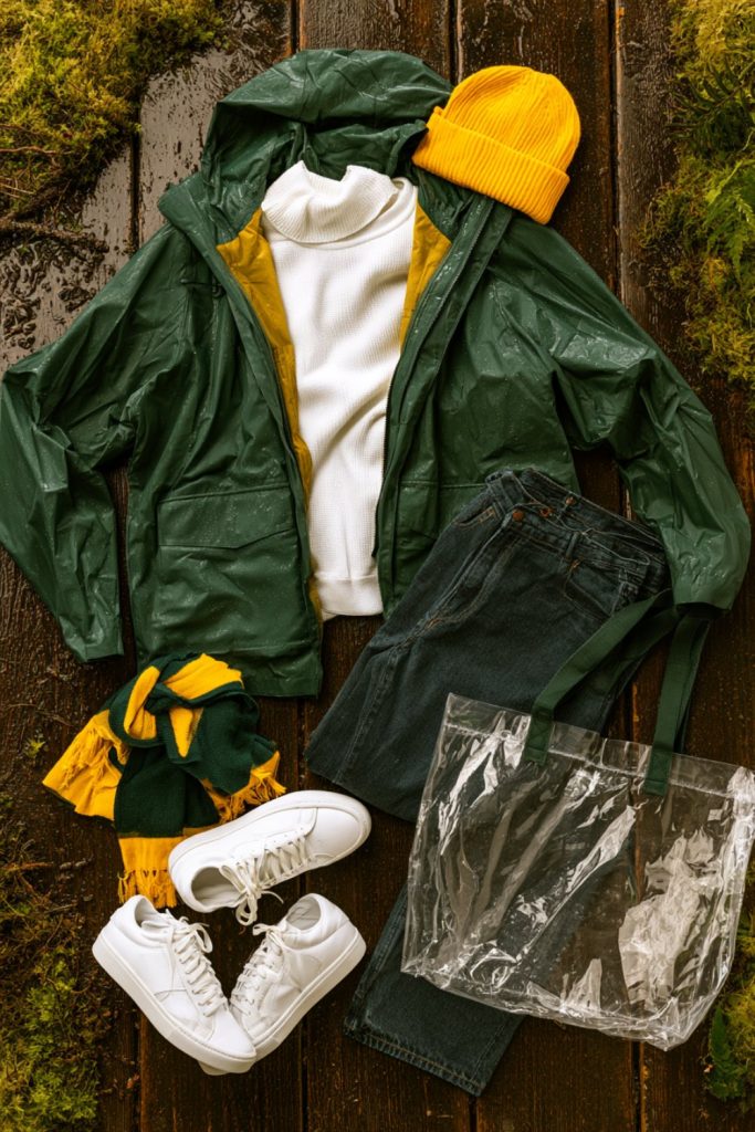 Green rain shell, yellow beanie and white base layer laid out for a rainy Eugene game