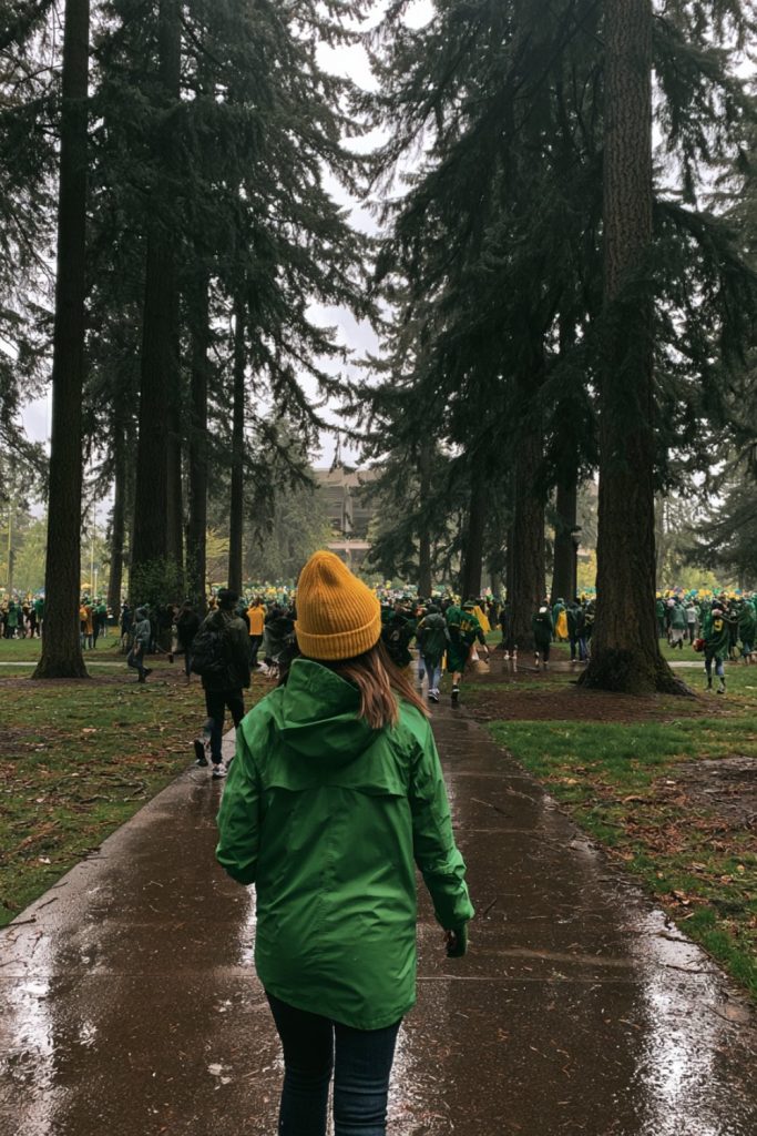 Fan in green walking down a wet path under tall trees toward a college football game