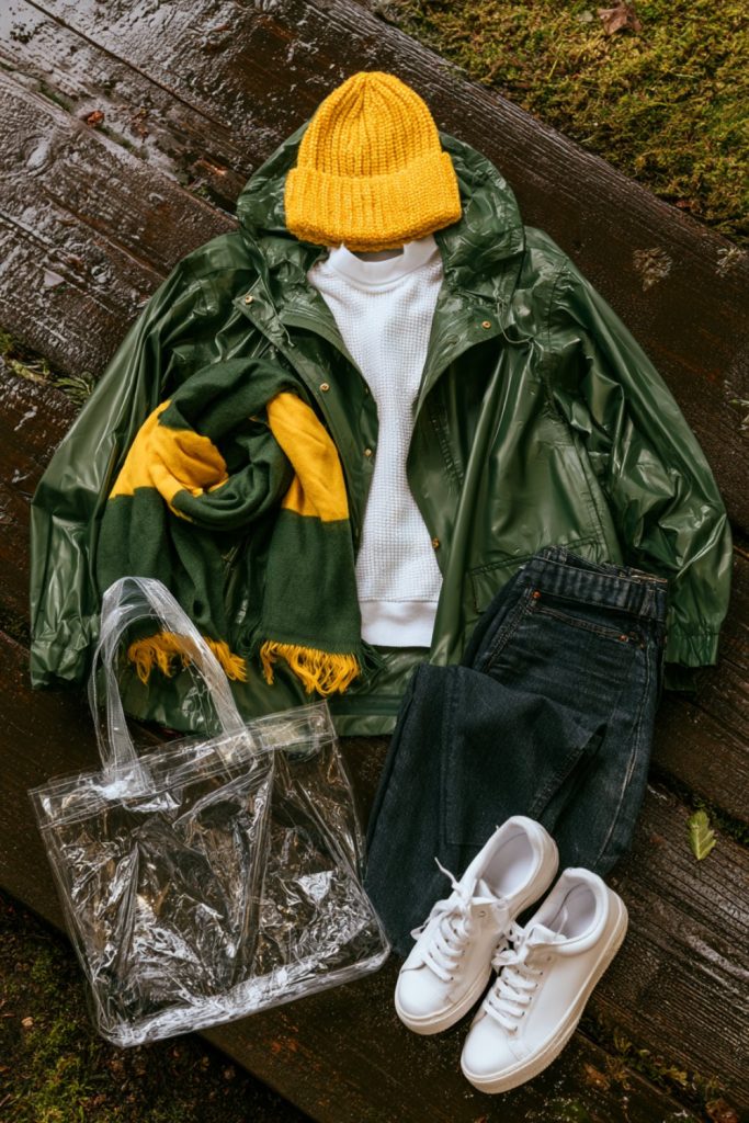 Green jacket, yellow knit beanie and scarf ready for a drizzly Saturday at Autzen