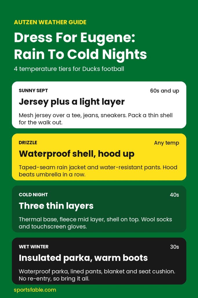 Autzen weather guide card showing four outfit tiers for Oregon Ducks games, from sunny September to wet winter nights