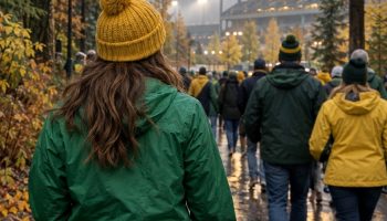 Fan in a green rain jacket and yellow beanie walking to the stadium under evergreens on a wet day, seen from behind