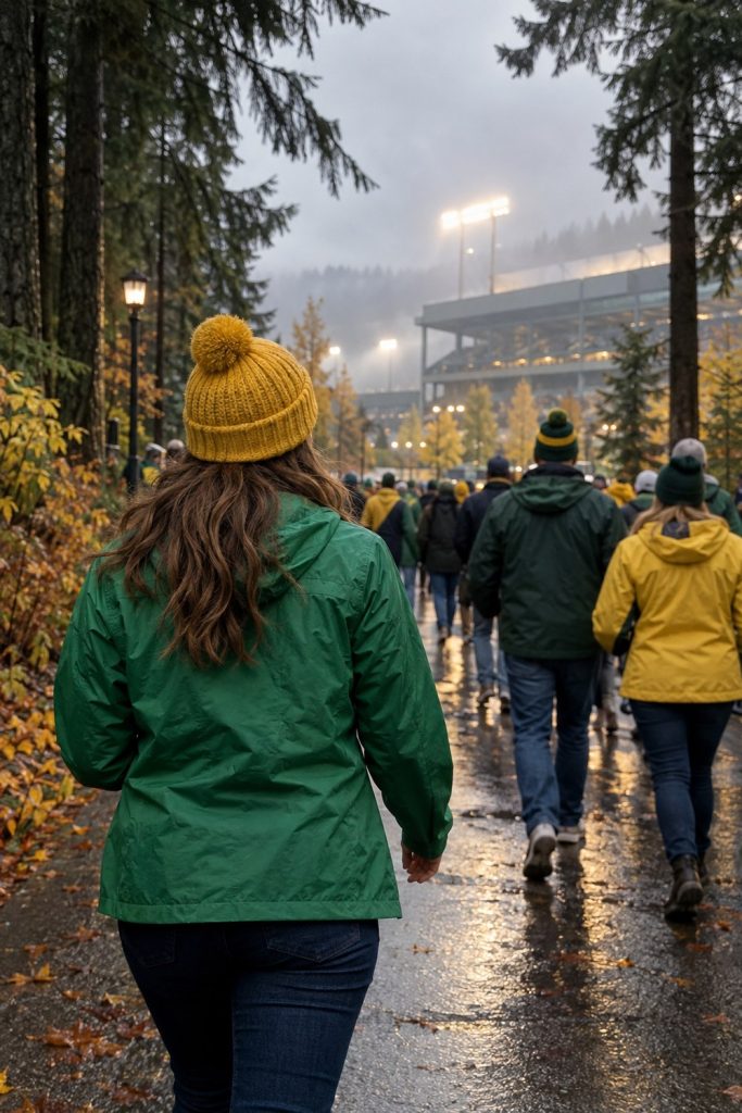 Fan in a green rain jacket and yellow beanie walking to the stadium under evergreens on a wet day, seen from behind