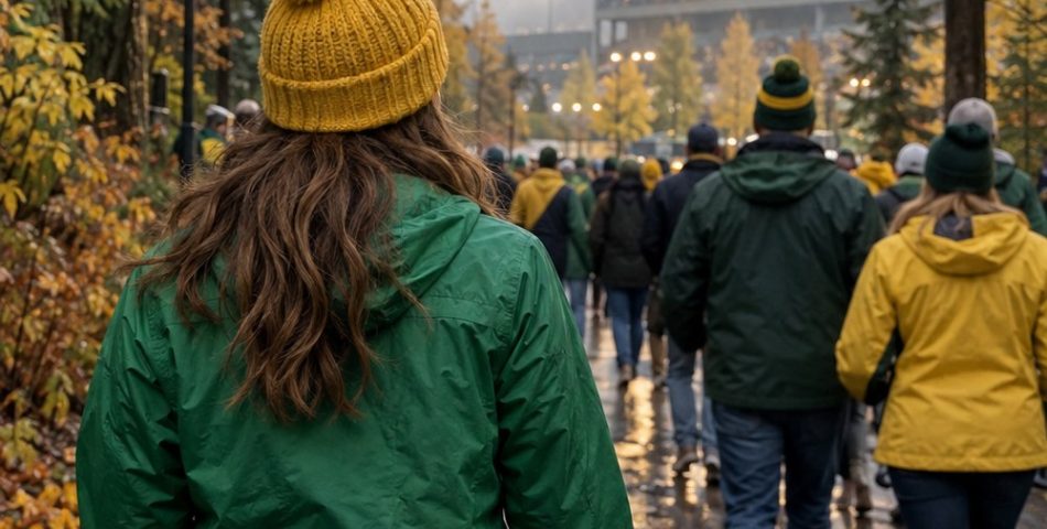 Fan in a green rain jacket and yellow beanie walking to the stadium under evergreens on a wet day, seen from behind