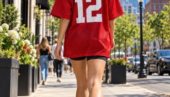 Woman seen from behind in an oversized red football jersey with a plain number 12, black bike shorts, white crew socks and chunky sneakers