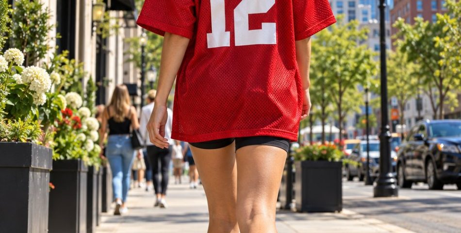 Woman seen from behind in an oversized red football jersey with a plain number 12, black bike shorts, white crew socks and chunky sneakers