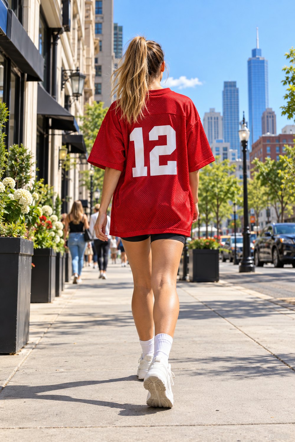 Woman seen from behind in an oversized red football jersey with a plain number 12, black bike shorts, white crew socks and chunky sneakers