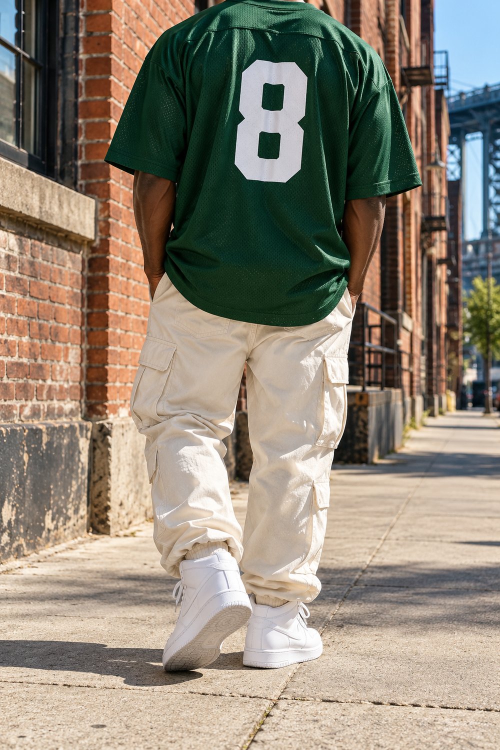 Man seen from behind in an oversized green jersey with a plain number 8, cream cargo pants and white high-top sneakers