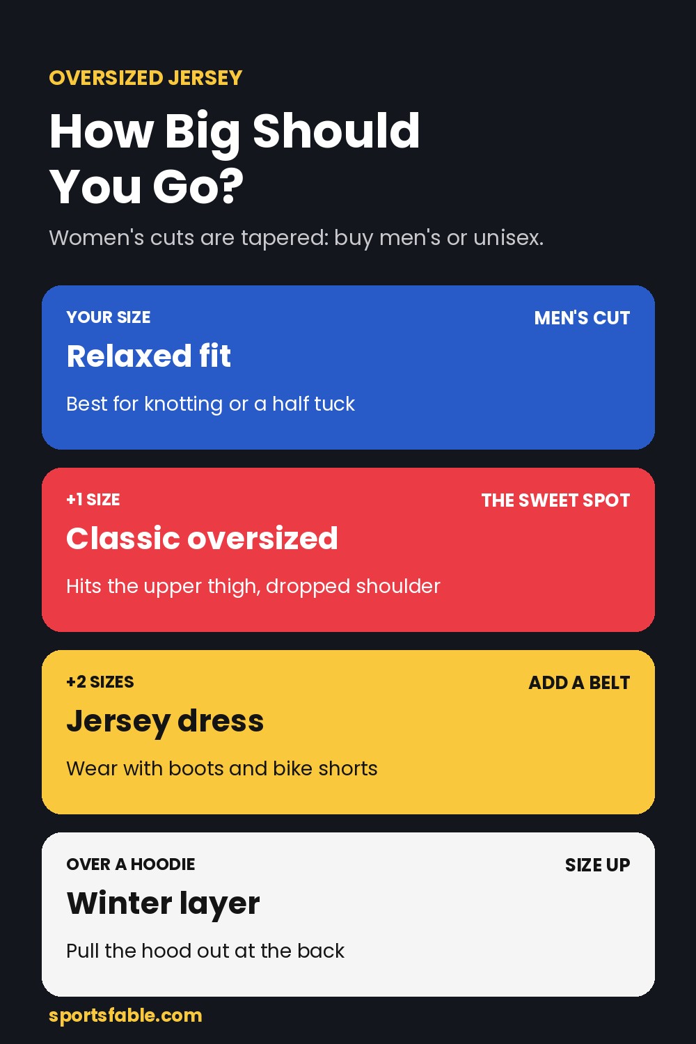 Oversized jersey sizing guide: your size for a relaxed fit, one size up for classic oversized, two sizes up for a jersey dress, size up to layer over a hoodie