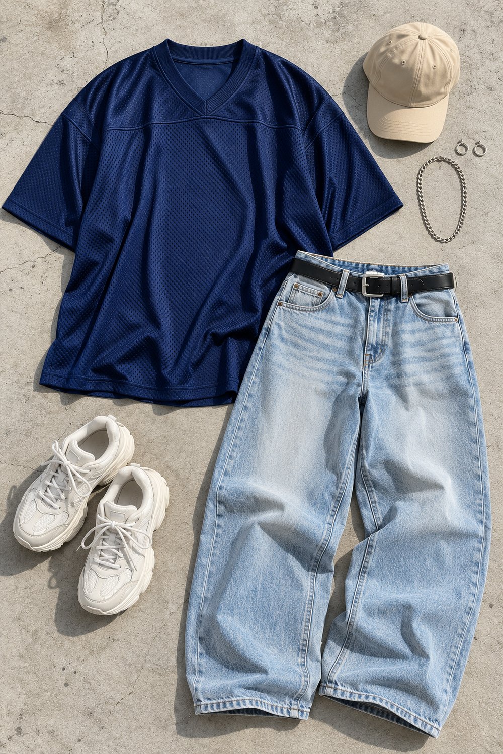 Flat lay of a plain navy oversized jersey with light-wash wide-leg jeans, black belt, white sneakers, beige cap and silver jewelry