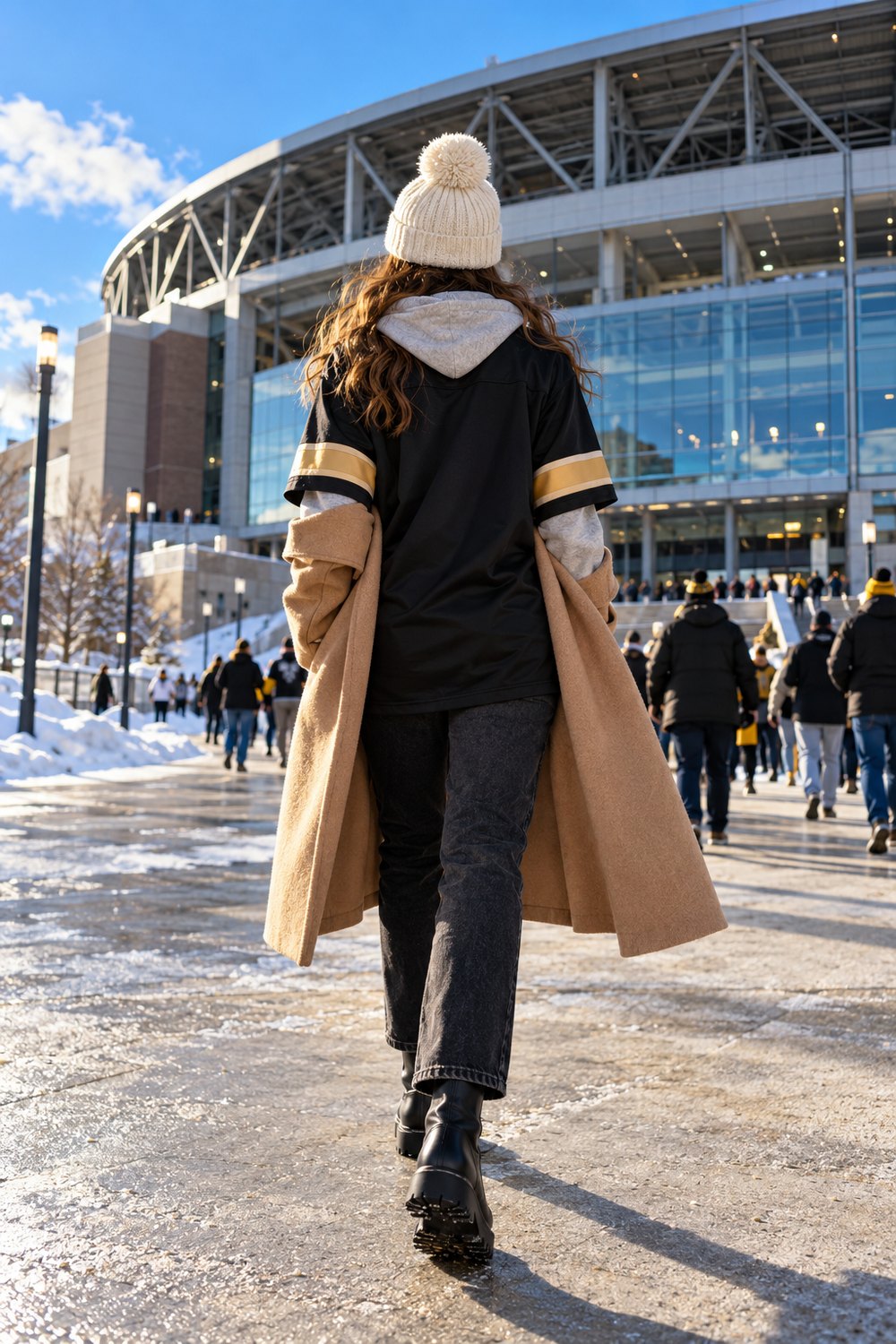 Woman seen from behind outside a stadium in an oversized black and gold jersey over a gray hoodie with a camel coat and beanie