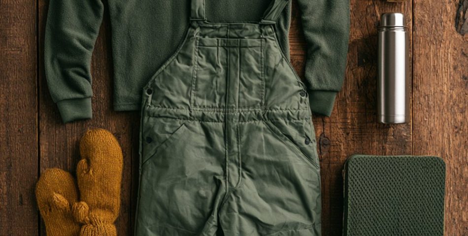 Packers game day outfits flat lay with a green fleece pullover, insulated bib overalls, gold beanie, mittens, boots and a thermos