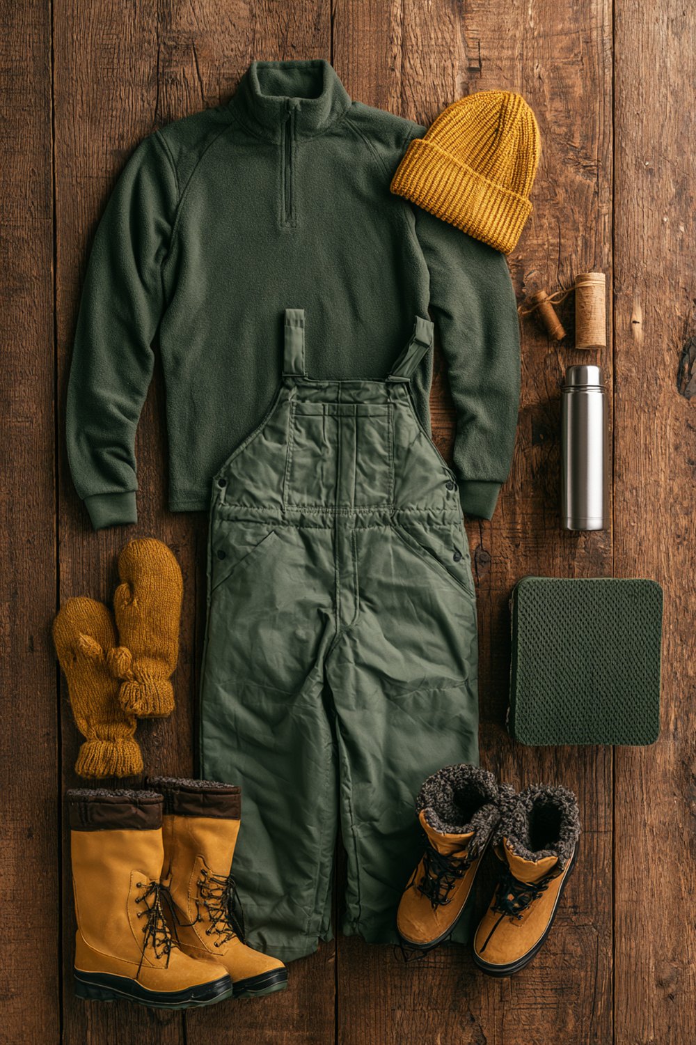 Packers game day outfits flat lay with a green fleece pullover, insulated bib overalls, gold beanie, mittens, boots and a thermos