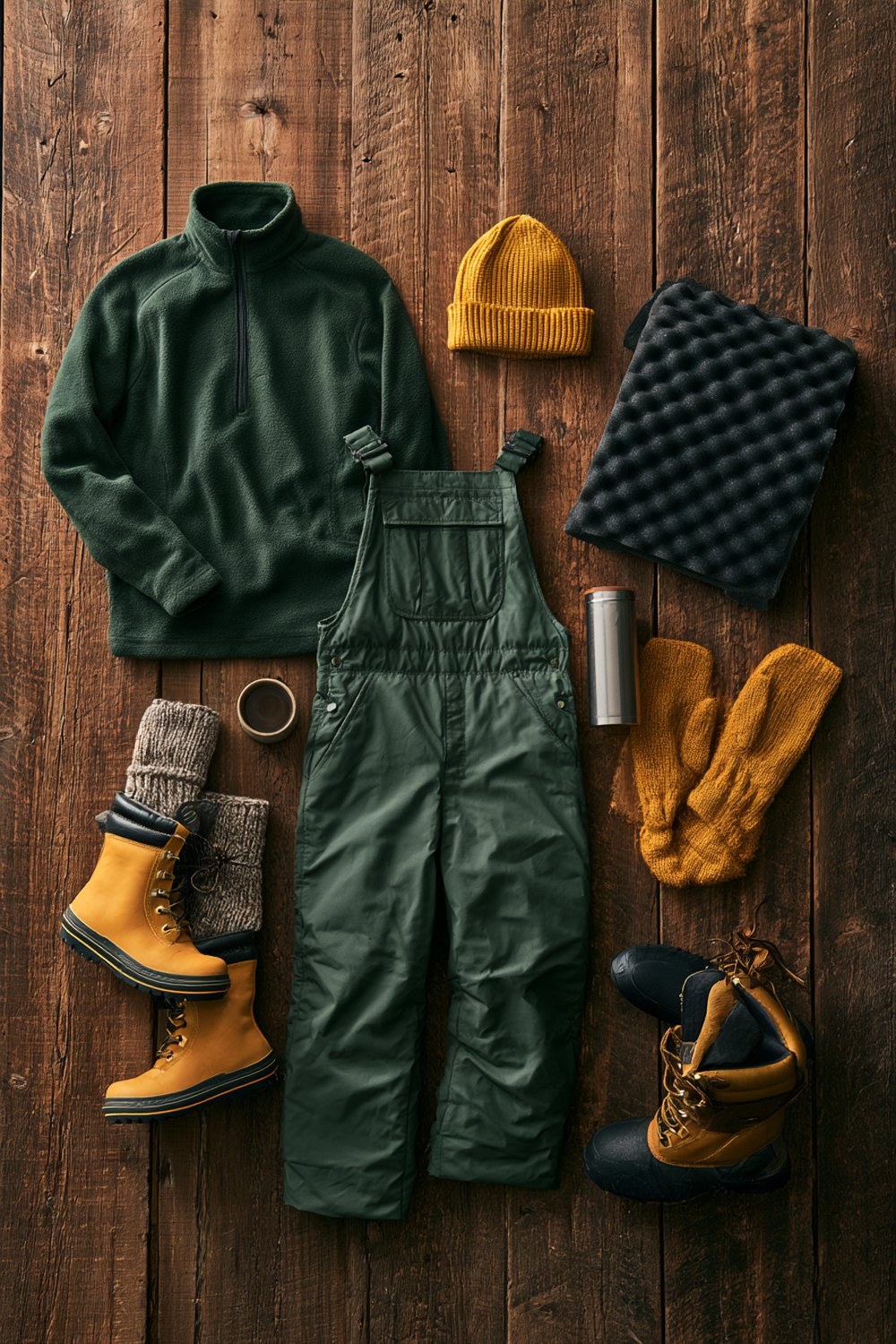 Green and gold cold game layers: fleece, insulated overalls, gold mittens, wool socks and a foam seat cushion