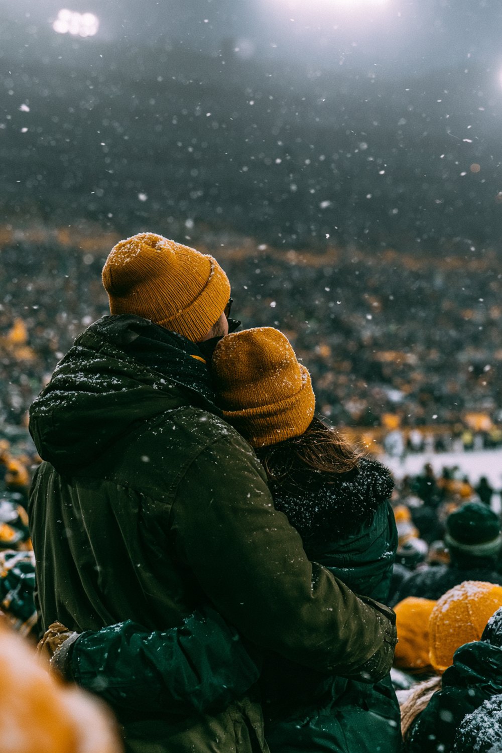 Fans seen from behind in green parkas and gold knit hats in a snowy stadium at night