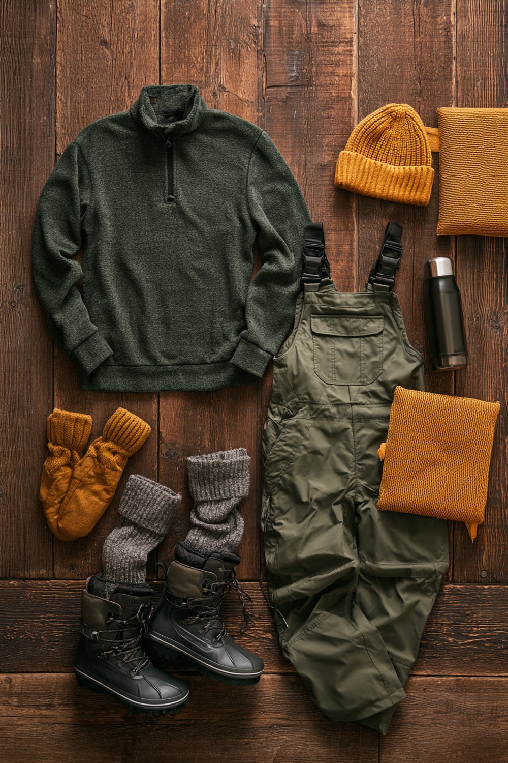 Lambeau-ready layers: green fleece, insulated bibs, gold mittens, wool socks and winter boots