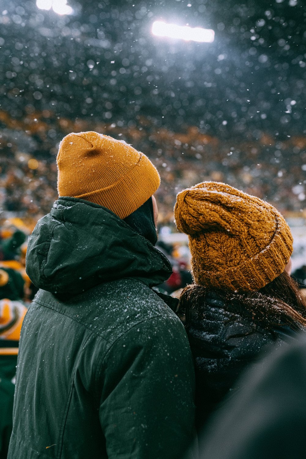 Packers fans from behind in a green parka and gold beanies with snow falling under stadium lights