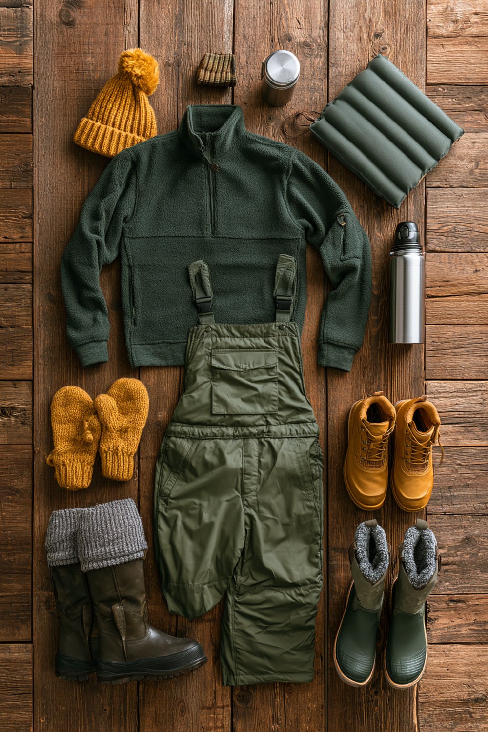 Green fleece, overalls, gold mittens, thermos and stadium seat cushion for a frozen Packers game