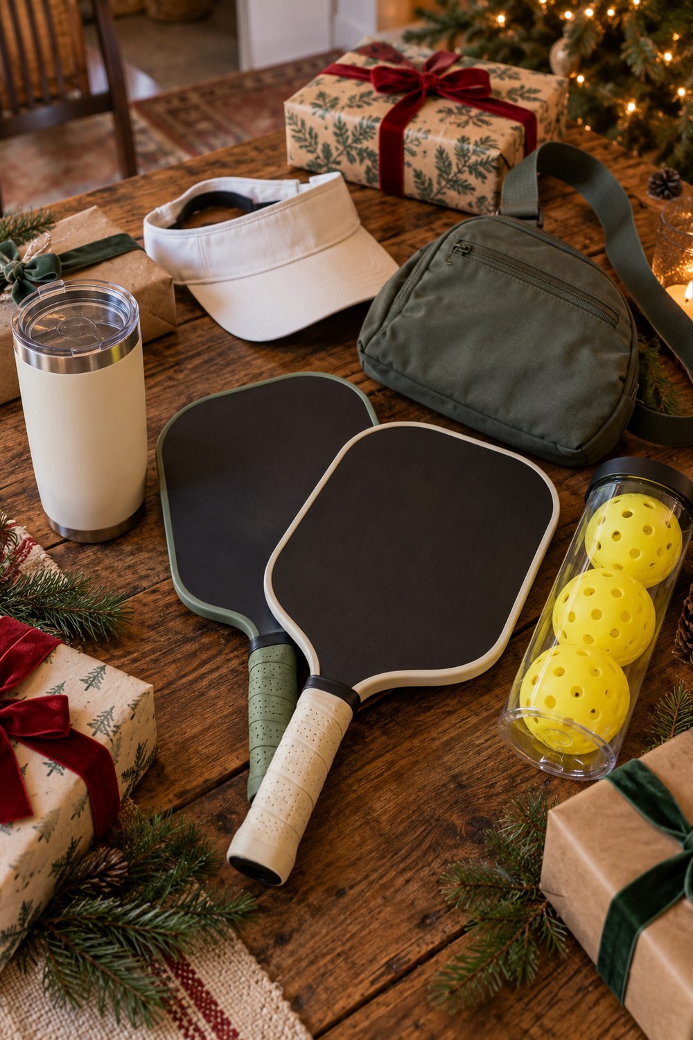 Christmas flat lay of pickleball gifts: two paddles, a tube of balls, a sling bag, a visor, a tumbler and wrapped boxes