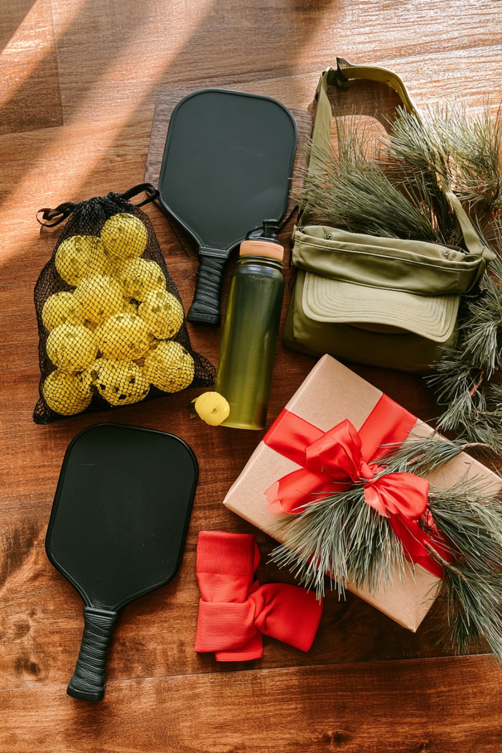 Pickleball gift ideas on a wooden table: paddles, mesh bag of balls, sling bag, water bottle and a gift box with red ribbon
