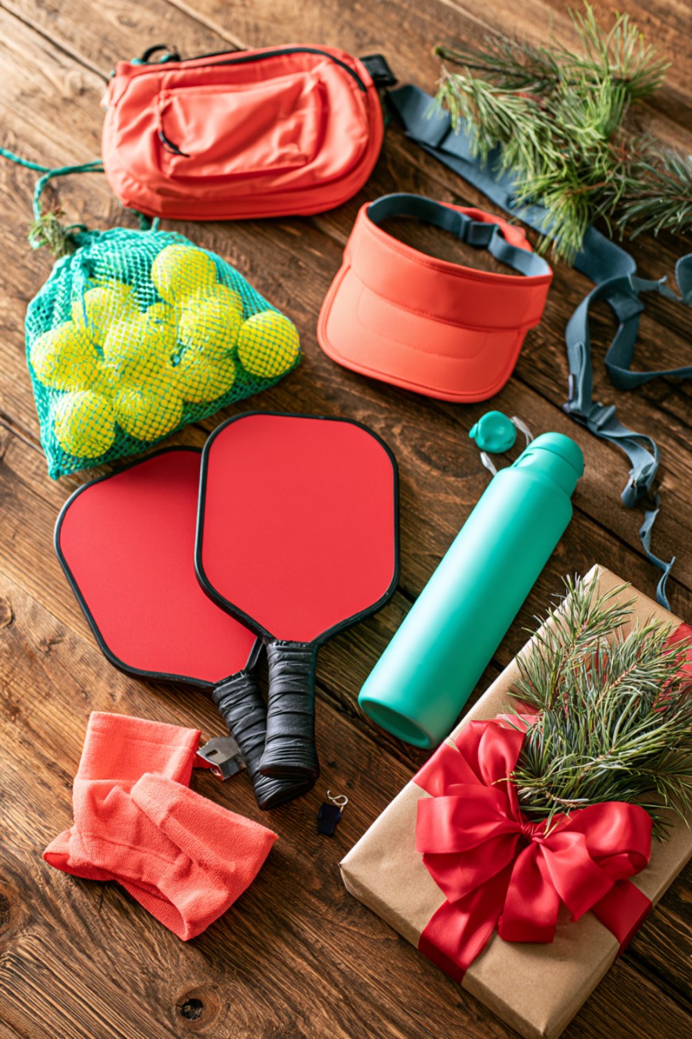 Pickleball gifts with red paddles, a ball bag, visor, tumbler and ribbon-wrapped boxes with pine sprigs