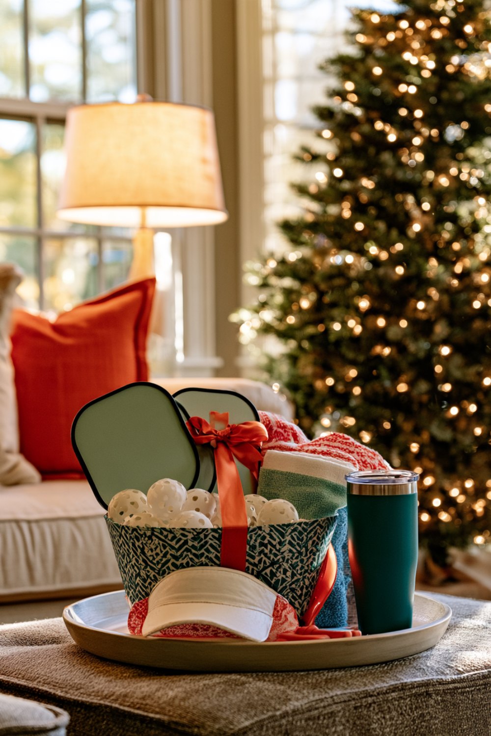 Pickleball gift basket with paddles, towel and tumbler on a coffee table next to a lit Christmas tree