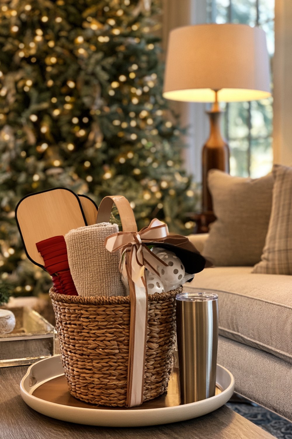 Wicker gift basket of pickleball gear with two paddles, a towel and tumbler in a cozy living room