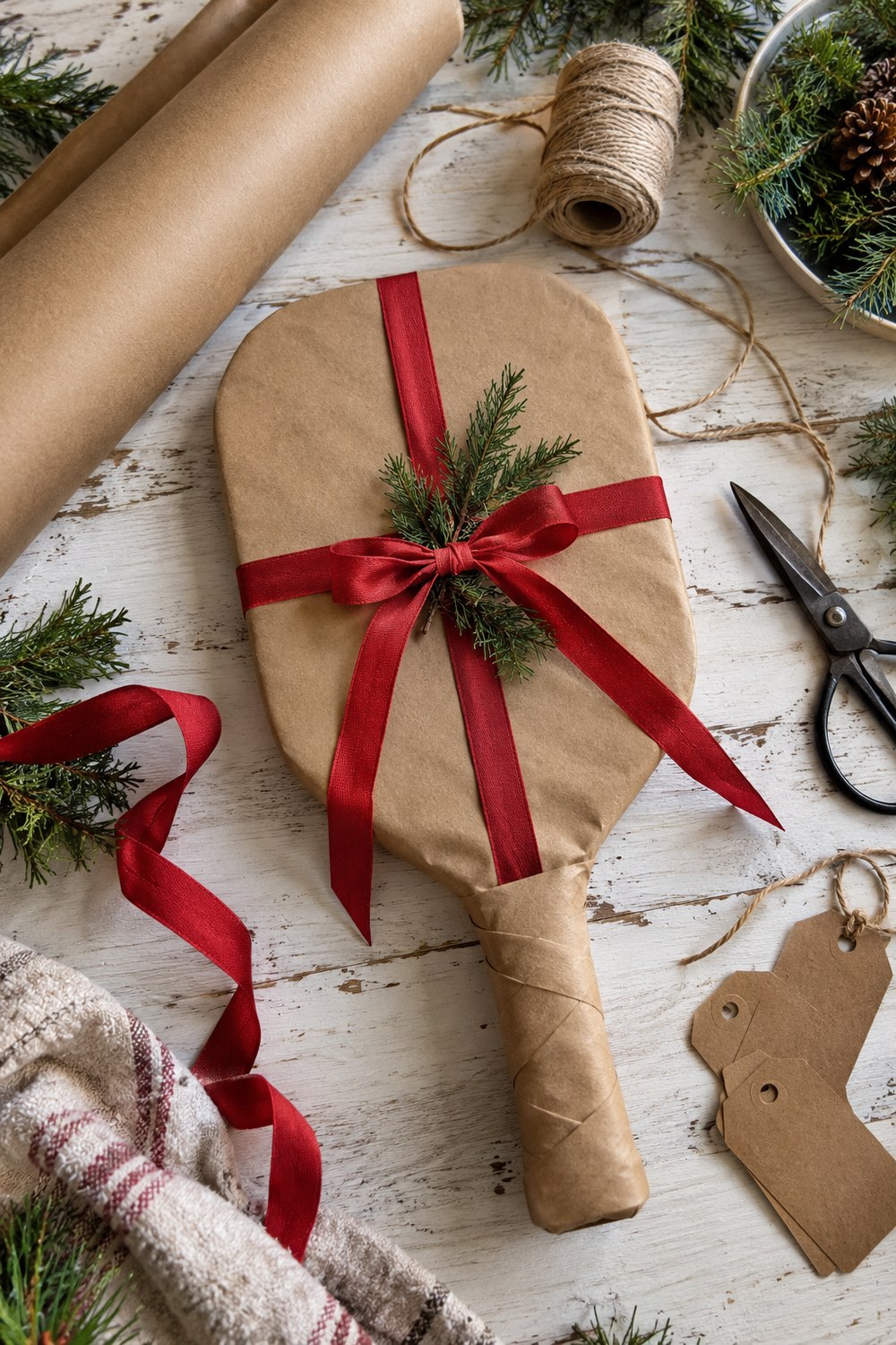 Kraft paper, twine, ribbon and blank gift tags beside a wrapped pickleball paddle