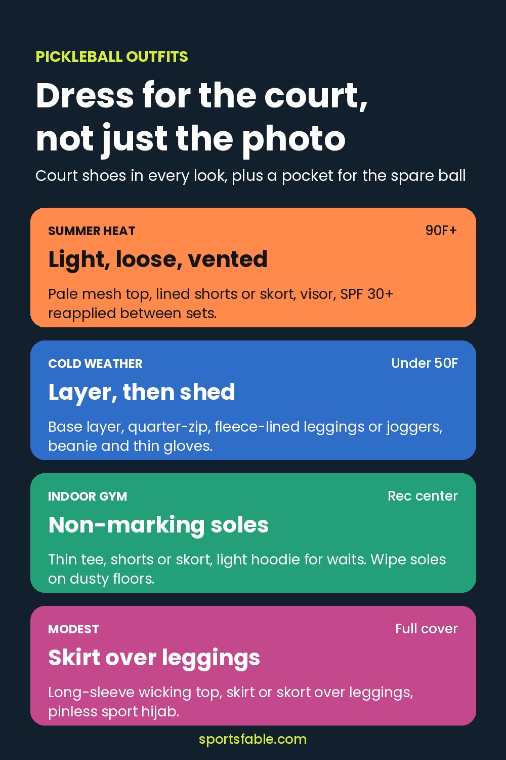 Pickleball outfit guide card showing four looks: summer heat, cold weather, indoor gym and modest layers