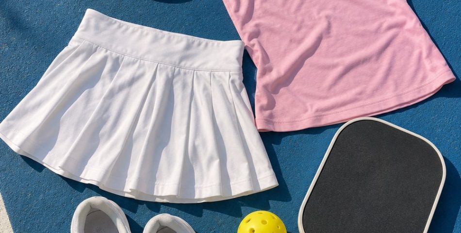 Flat lay of a pickleball outfit on a blue court: white pleated skort, pink tank, white court sneakers, visor, paddle and ball