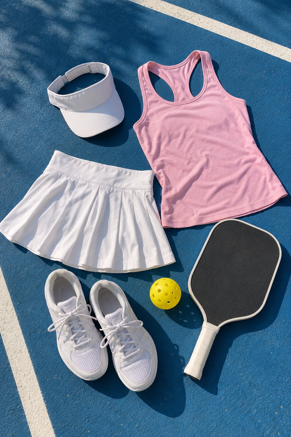 Flat lay of a pickleball outfit on a blue court: white pleated skort, pink tank, white court sneakers, visor, paddle and ball