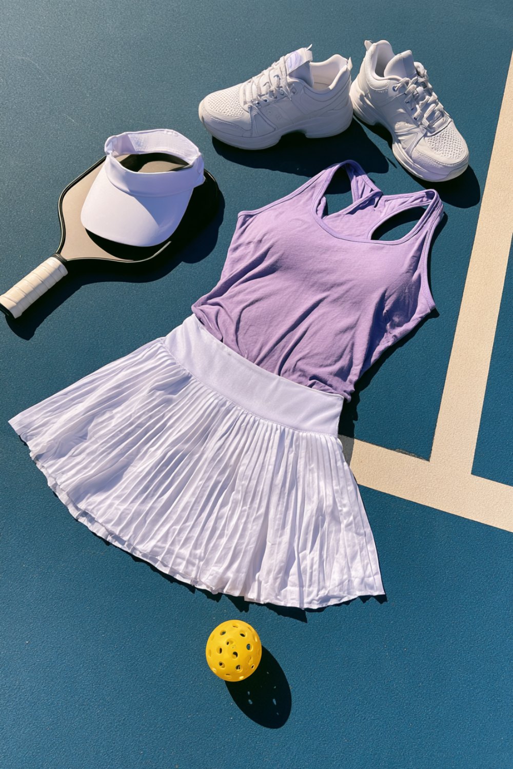 Pickleball outfit flat lay on a blue court: white pleated skort, lavender tank, white sneakers, visor, paddle and ball