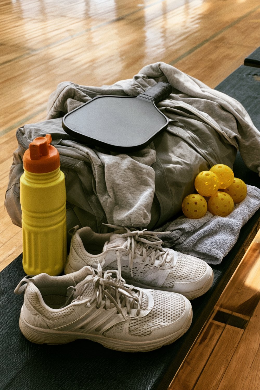 Pickleball court bag on a gym bench with paddle, balls, water bottle, hoodie, court shoes and towel
