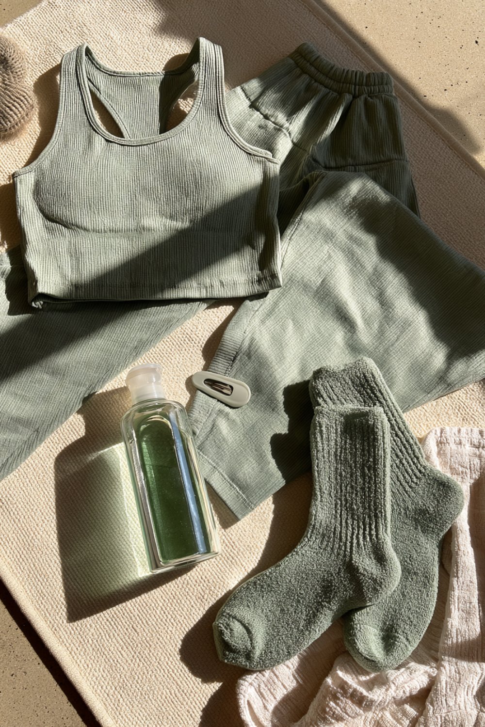 Sage green ribbed pilates set flat lay with grip socks, a glass water bottle and towel on a cream mat