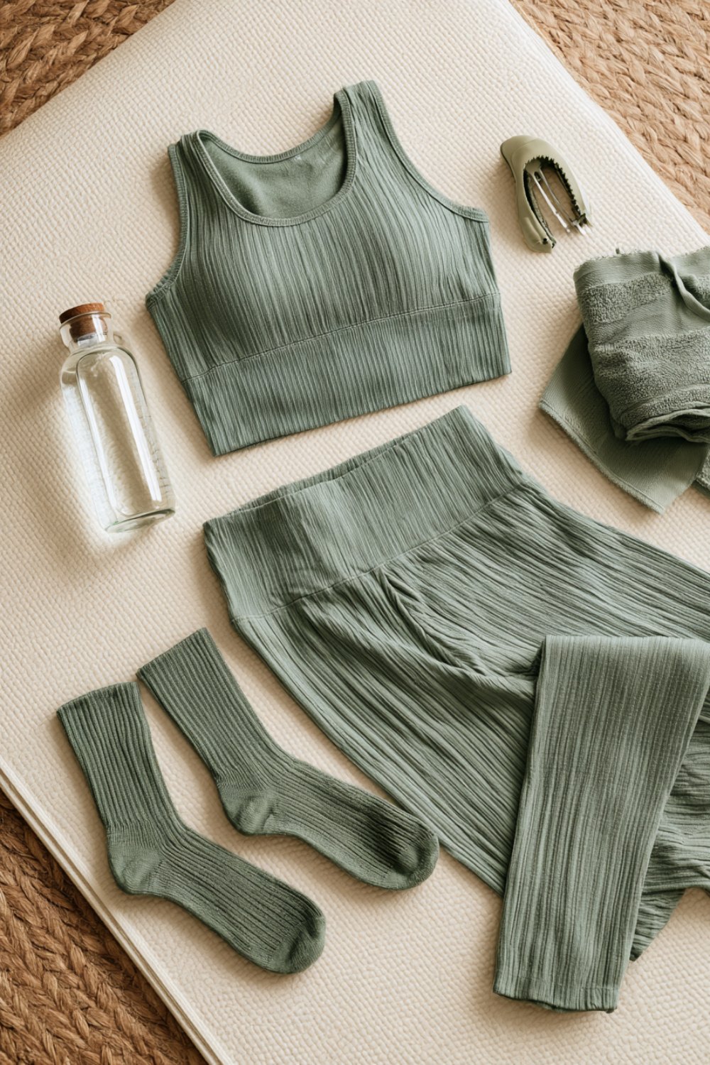 Matching sage ribbed sports bra and leggings with grip socks, a hair clip and a water bottle