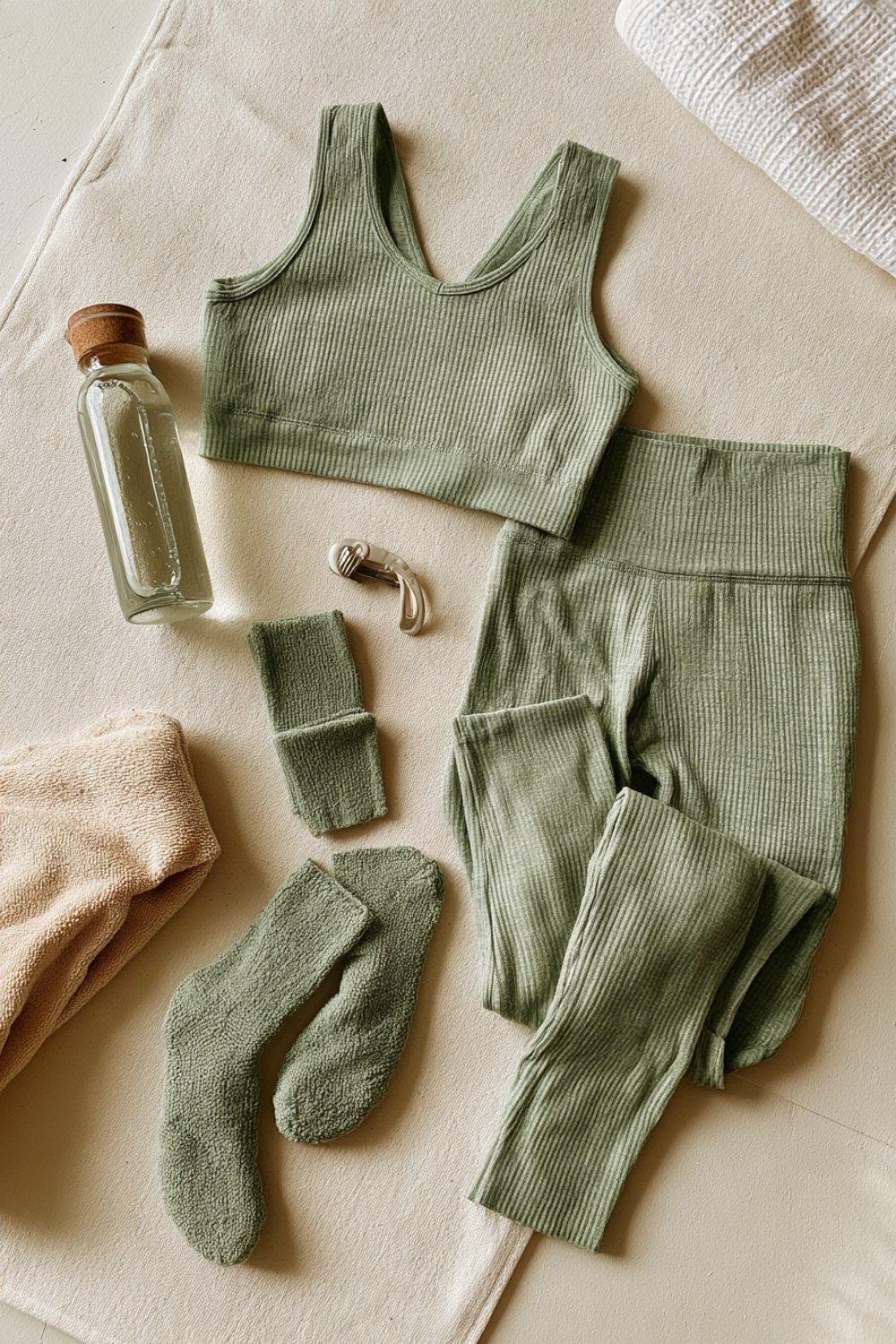 Sage green pilates outfit laid flat with ribbed leggings, grip socks and a glass bottle
