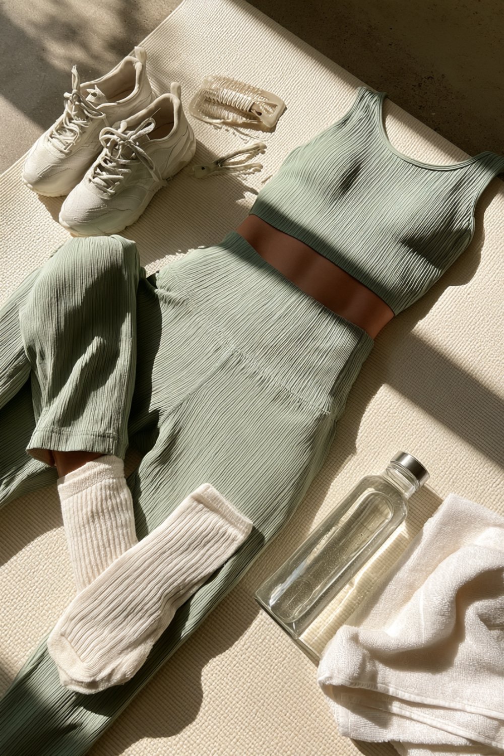 Sage ribbed pilates set with white sneakers, socks and a towel on a light mat