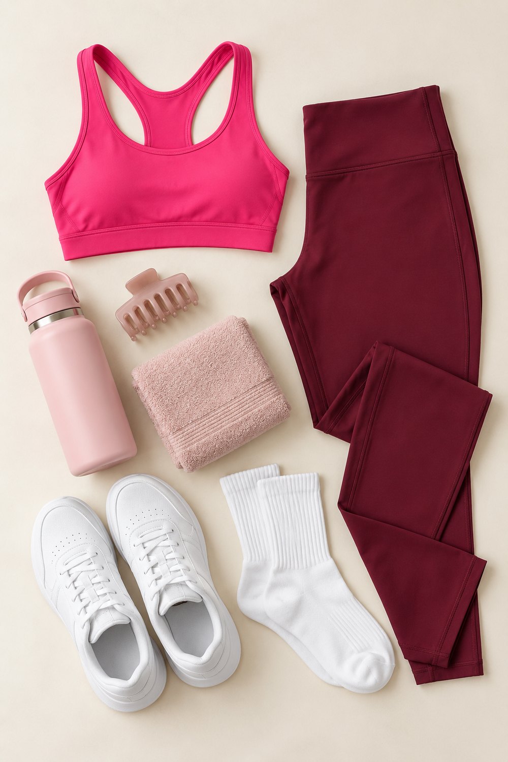 Flat lay of a hot pink sports bra, burgundy leggings, white sneakers, socks, claw clip and pink bottle