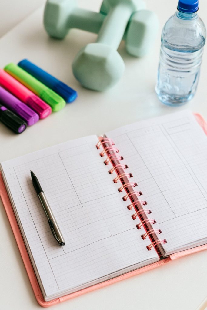 Fitness planner open to a blank weekly grid with a pen, highlighters, light dumbbells and water