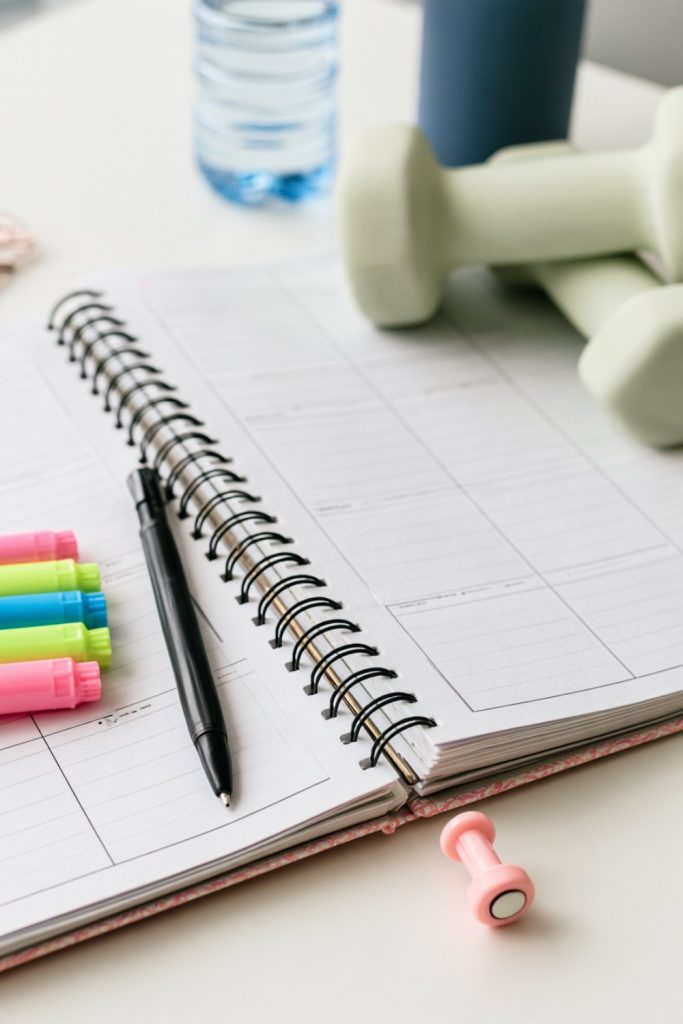 Spiral workout notebook, highlighters and green dumbbells on a white desk